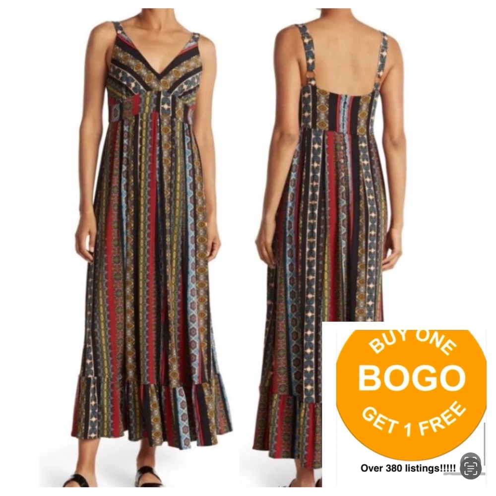 T TAHARI BOHEMIAN TILE STRIPE MAXI DRESS